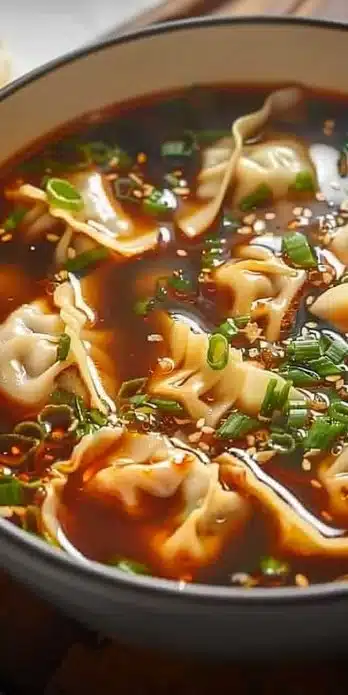 A bowl of flavorful Potsticker Soup with dumplings and vegetables