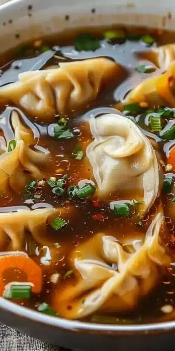 A bowl of delicious Potsticker Soup garnished with fresh herbs.