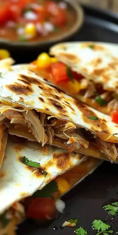 Delicious pulled chicken quesadilla triangles on a plate with toppings.