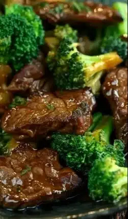 Delicious quick and healthy beef and broccoli dish served on a plate