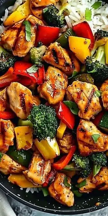 Delicious quick and healthy chicken skillet dish with vegetables.