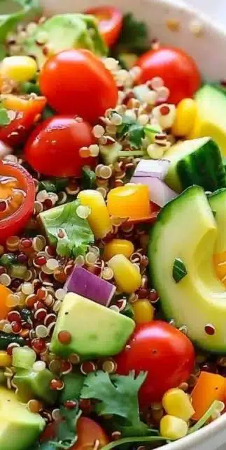 Quinoa Rainbow Power Salad with colorful vegetables and healthy ingredients