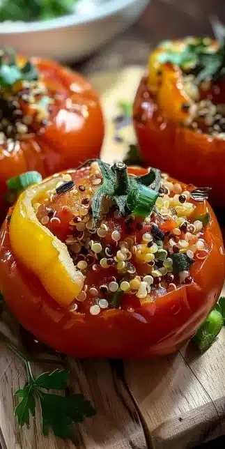 Quinoa stuffed tomatoes topped with herbs and spices, healthy and colorful dish.