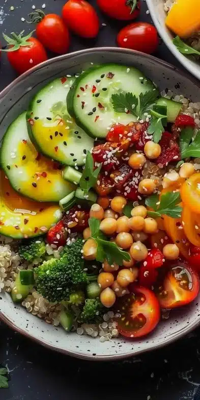 Colorful Quinoa Veggie Bowl filled with fresh vegetables and healthy toppings
