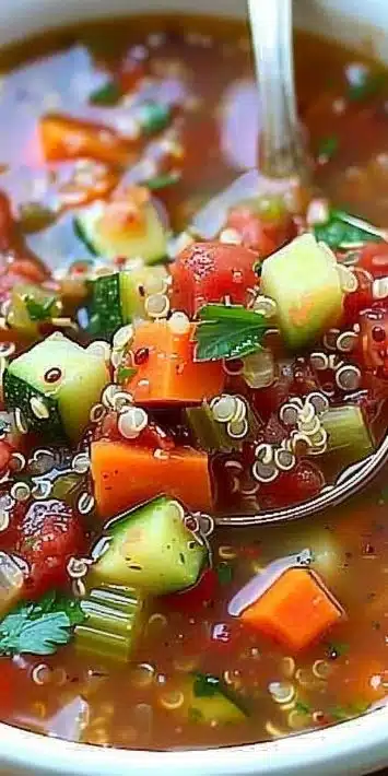 Bowl of healthy quinoa and veggie stew topped with fresh herbs