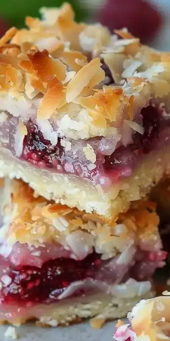 Delicious homemade Raspberry Coconut Bars on a plate, ready to enjoy.