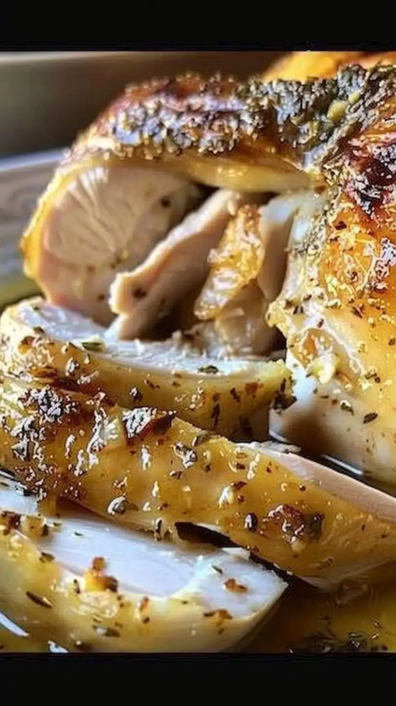 Perfectly roasted chicken on a platter, showcasing golden skin and juicy meat.