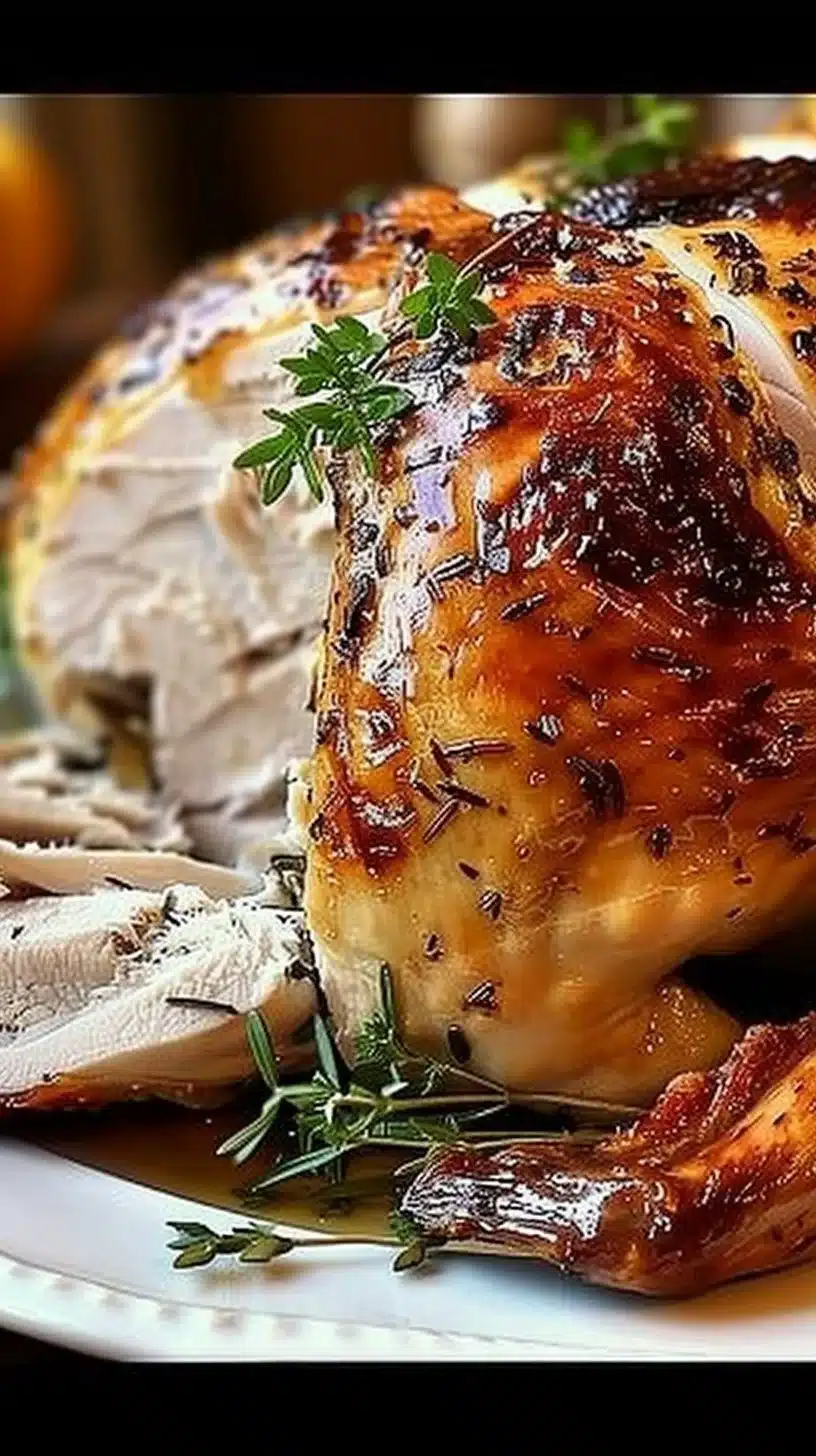 Perfectly juicy roast turkey with seasonings and garnishes on a festive table