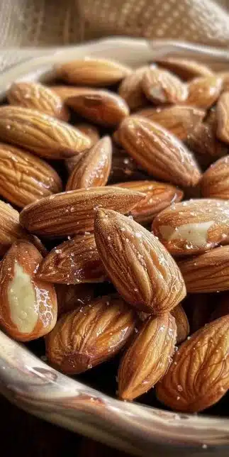 A bowl of roasted almonds (unsalted) showcasing their crunchy texture and health benefits.