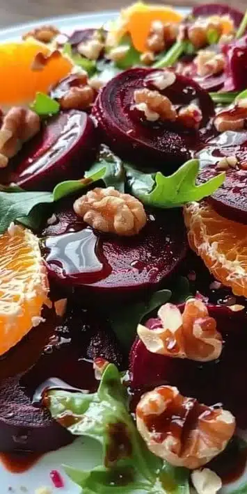 A colorful roasted beet orange walnut salad with fresh greens and nuts