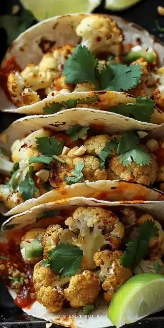 Delicious roasted cauliflower tacos served with toppings and fresh ingredients.