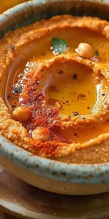 Bowl of roasted red pepper hummus garnished with herbs and served with pita chips