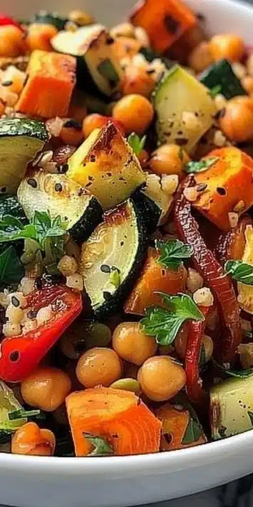 Colorful roasted vegetable Buddha bowl with grains and greens