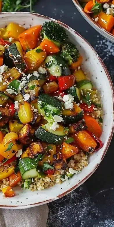 Colorful roasted veggie bowls featuring seasonal vegetables and grains