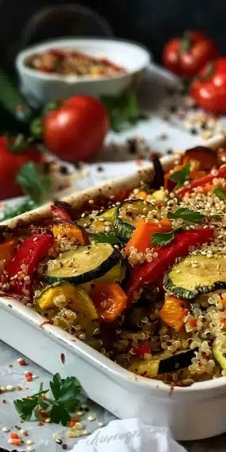 Roasted Veggie & Quinoa Bake topped with fresh herbs and spices.