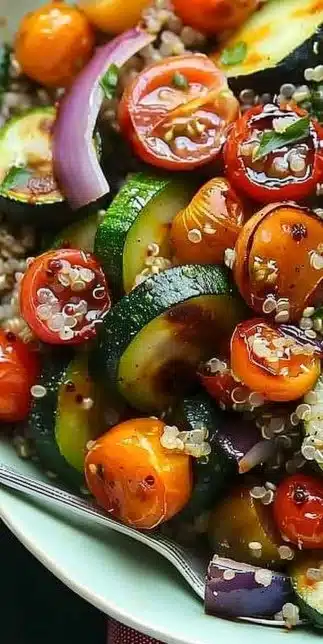 Healthy Roasted Veggie Quinoa Bowl filled with colorful vegetables and quinoa.