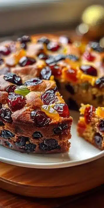 Delicious Rum Fruitcake loaded with fruits and nuts, garnished for festive occasions.