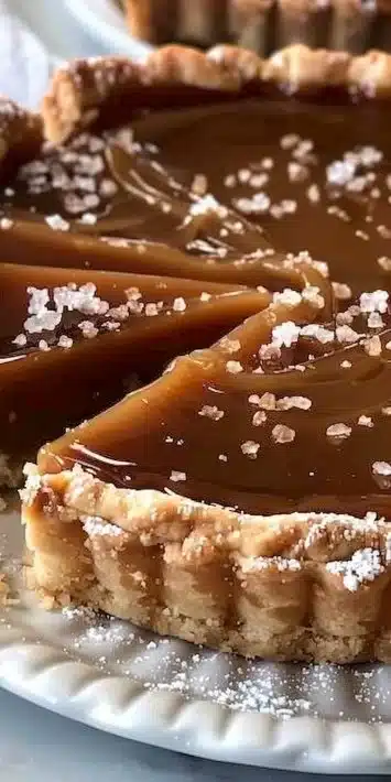 Delicious salted caramel tart topped with sea salt flakes