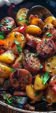 Delicious sausage potato skillet dish served in a skillet