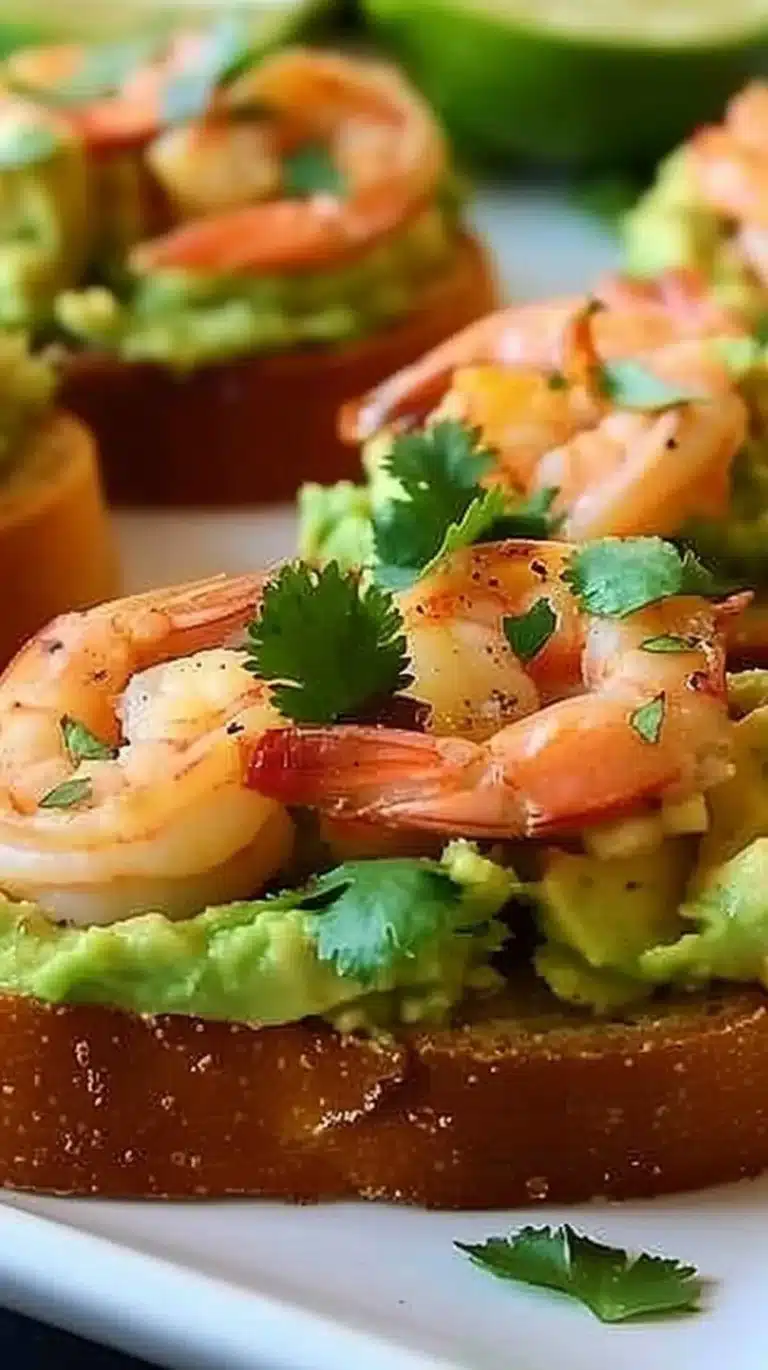 Shrimp avocado crostini topped with fresh herbs and served on a baguette slice.