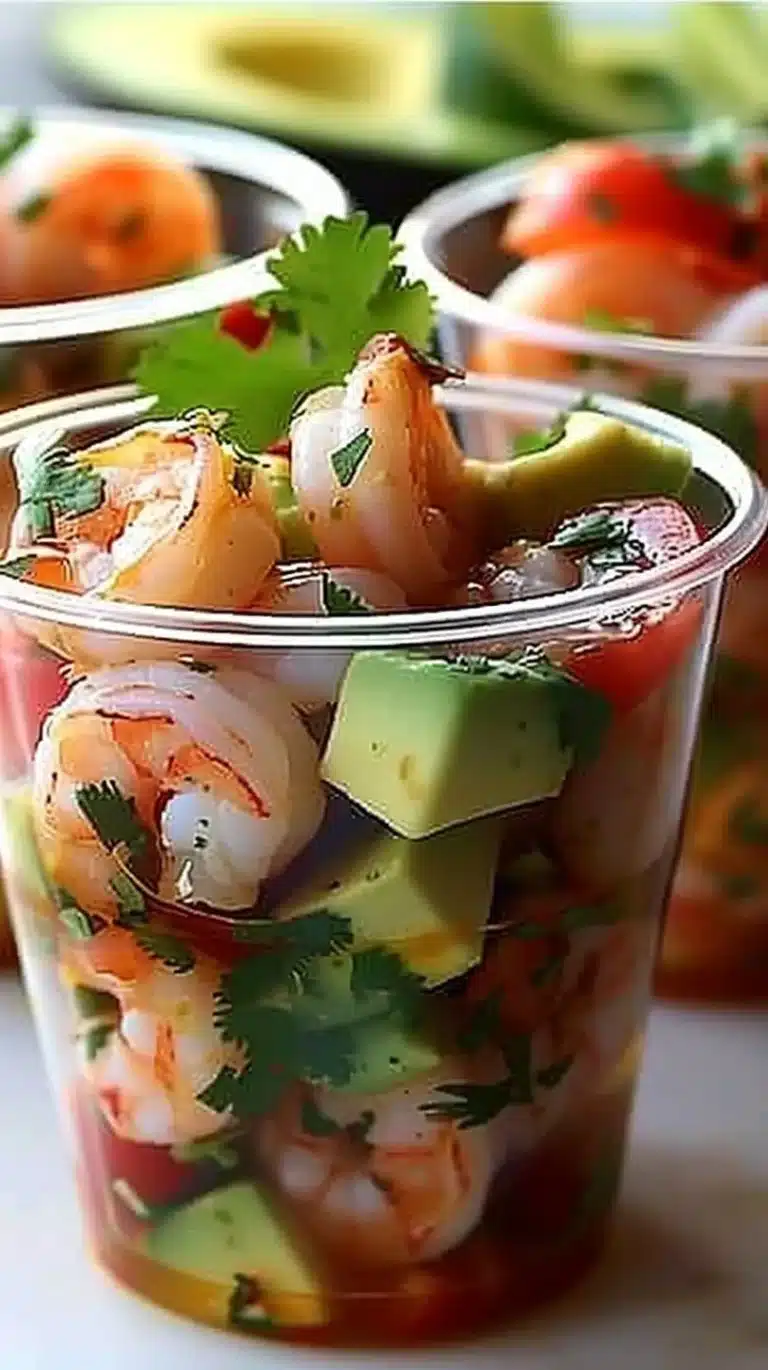 Delicious shrimp cocktail cups served with fresh ingredients and vibrant presentation.