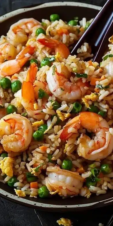 Delicious shrimp fried rice served in a bowl with colorful vegetables