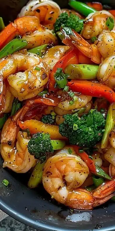 Colorful shrimp stir-fry with vegetables served in a vibrant dish