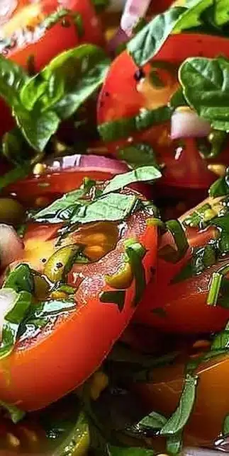 Fresh herb tomato salad served in a bowl with colorful ingredients