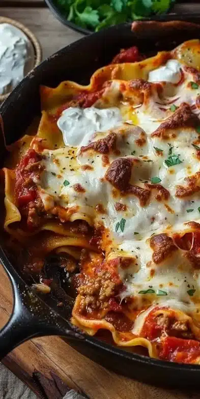 Delicious skillet lasagna served with a fresh herb garnish