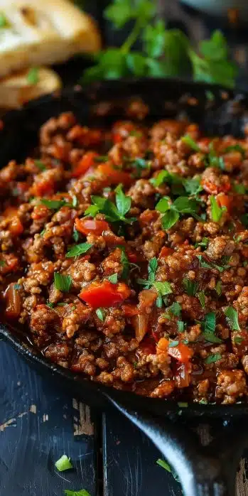 Sloppy Joe Skillet prepared in a pan with colorful ingredients