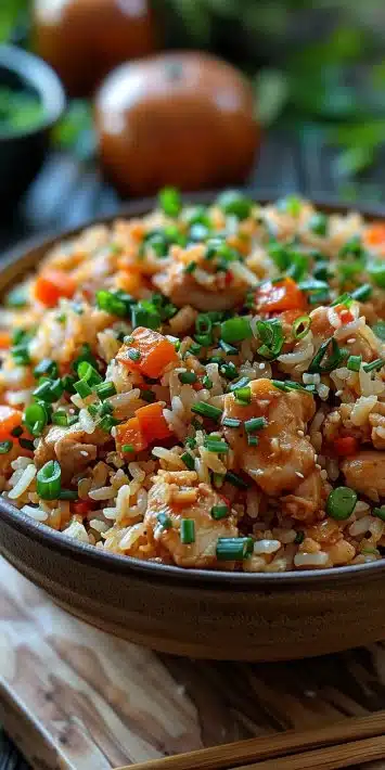 Bowl of slow cooker chicken fried rice garnished with green onions