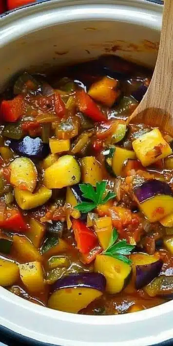 Slow Cooker Ratatouille with fresh vegetables and herbs