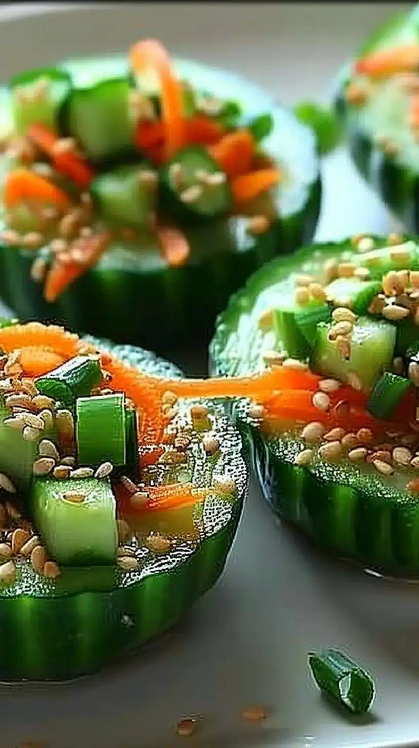 Smashed cucumber sesame salad cups served in fresh cucumber halves
