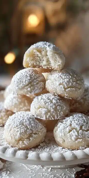 Homemade snowball cookies dusted with powdered sugar on a festive plate