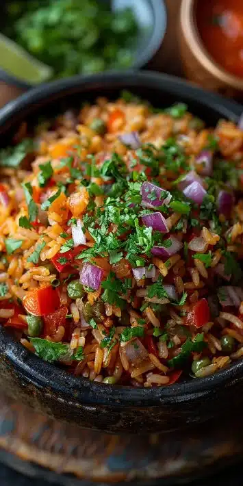 A vibrant plate of cooked Spanish Rice garnished with herbs and spices.