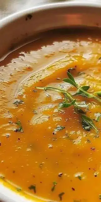 Bowl of spiced carrot ginger soup topped with fresh herbs