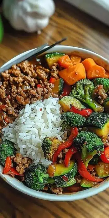 Delicious spicy ground beef stir-fry bowl with garlic vegetables and steamed rice