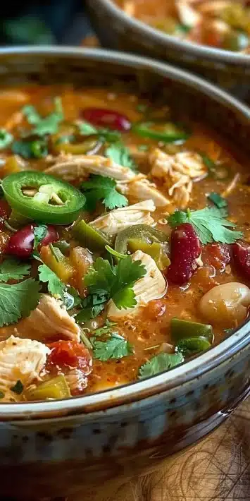Bowl of spicy jalapeño white chicken chili with toppings.