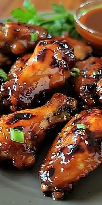 Plate of spicy maple chicken wings garnished with herbs