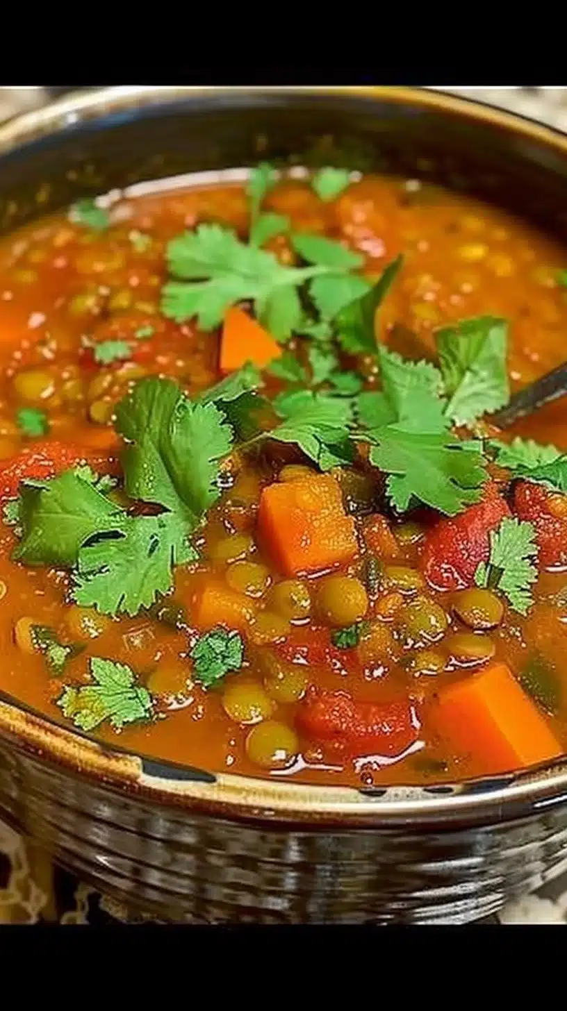 Bowl of spicy Moroccan lentil soup garnished with herbs and spices