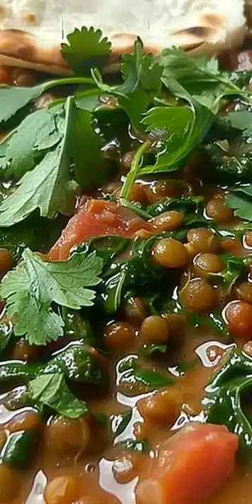 Bowl of Spinach Lentil Curry with fresh ingredients and spices