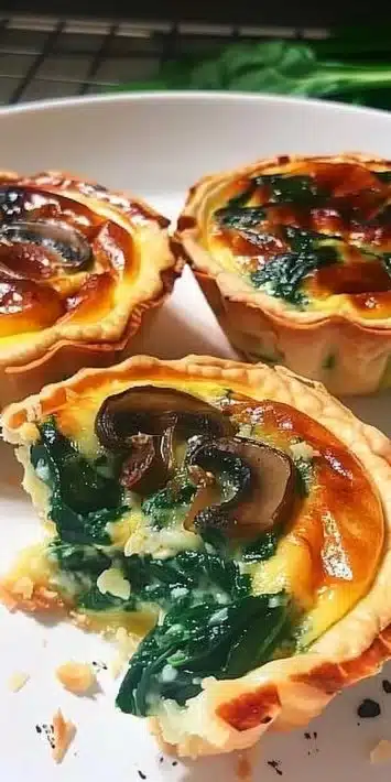 Plate of spinach mushroom mini quiches baked to golden perfection