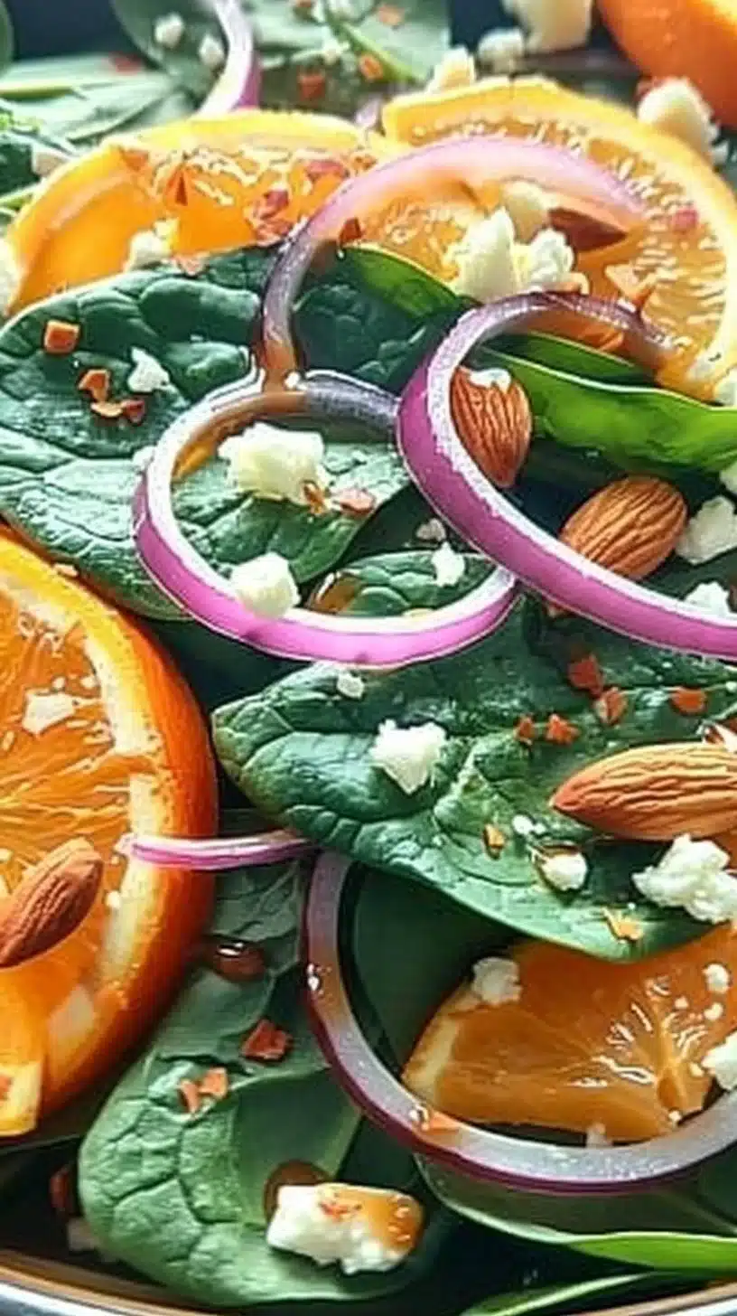 Fresh Spinach Orange Almond Salad served in a bowl with vibrant colors
