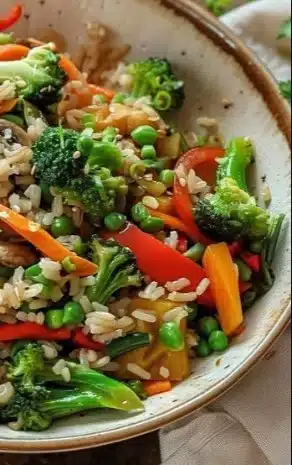 Colorful stir-fry veggies with brown rice in a vibrant dish