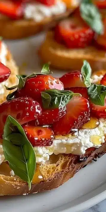 Strawberry goat cheese crostini topped with fresh strawberries and herbs