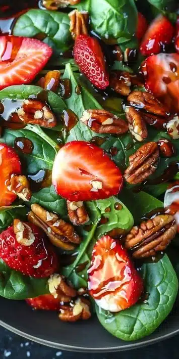 Fresh Strawberry Pecan Spinach Salad with nuts and dressing