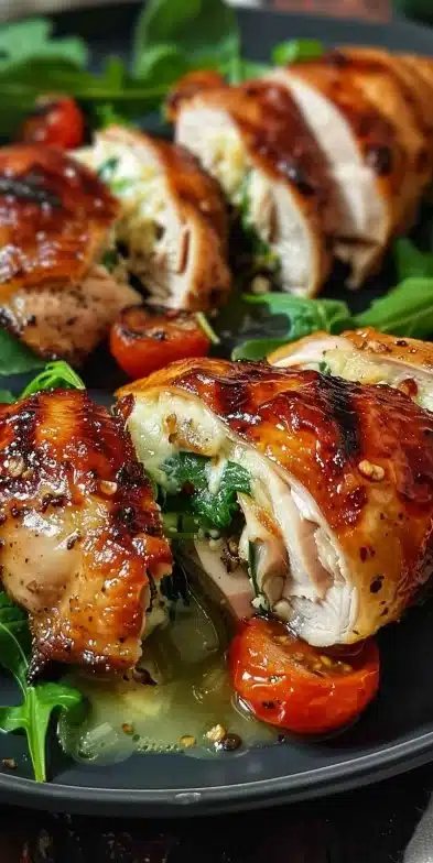 Deliciously stuffed chicken breast on a plate garnished with herbs.