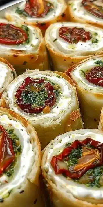 Sundried Tomato Pesto Pinwheels on a serving platter