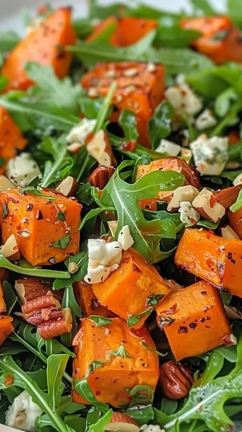 Delicious sweet potato arugula salad served in a bowl