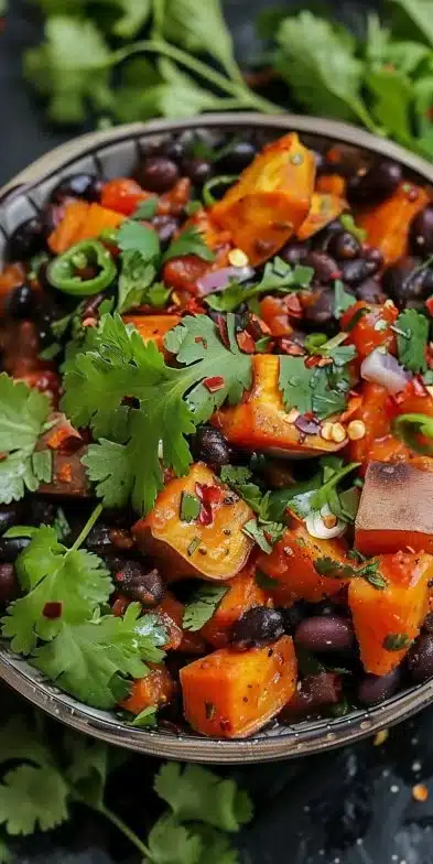 Sweet Potato and Black Bean Bowl garnished with fresh herbs and served in a colorful dish.